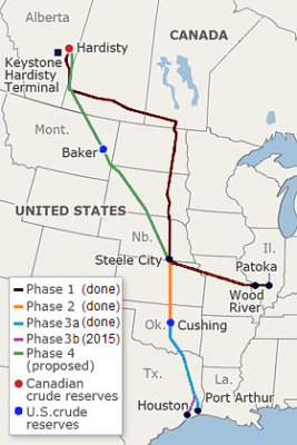 Operational and proposed route of the Keystone Pipeline System (Source:  Wikimedia Commons/Meclee)