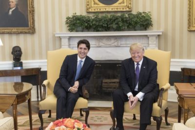 U.S. President Donald Trump meeting with Canadian Prime Minister Justin Trudeau at the White House.