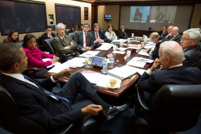 President Barack Obama convenes a National Security Council meeting in the Situation Room of the White House to discuss the situation in Ukraine, March 3, 2014.