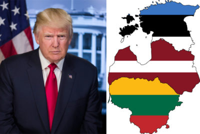 President Donald Trump (left) and Map of Baltic states (right) (Source: (right) Lokal_Profil/Wikimedia Commons)