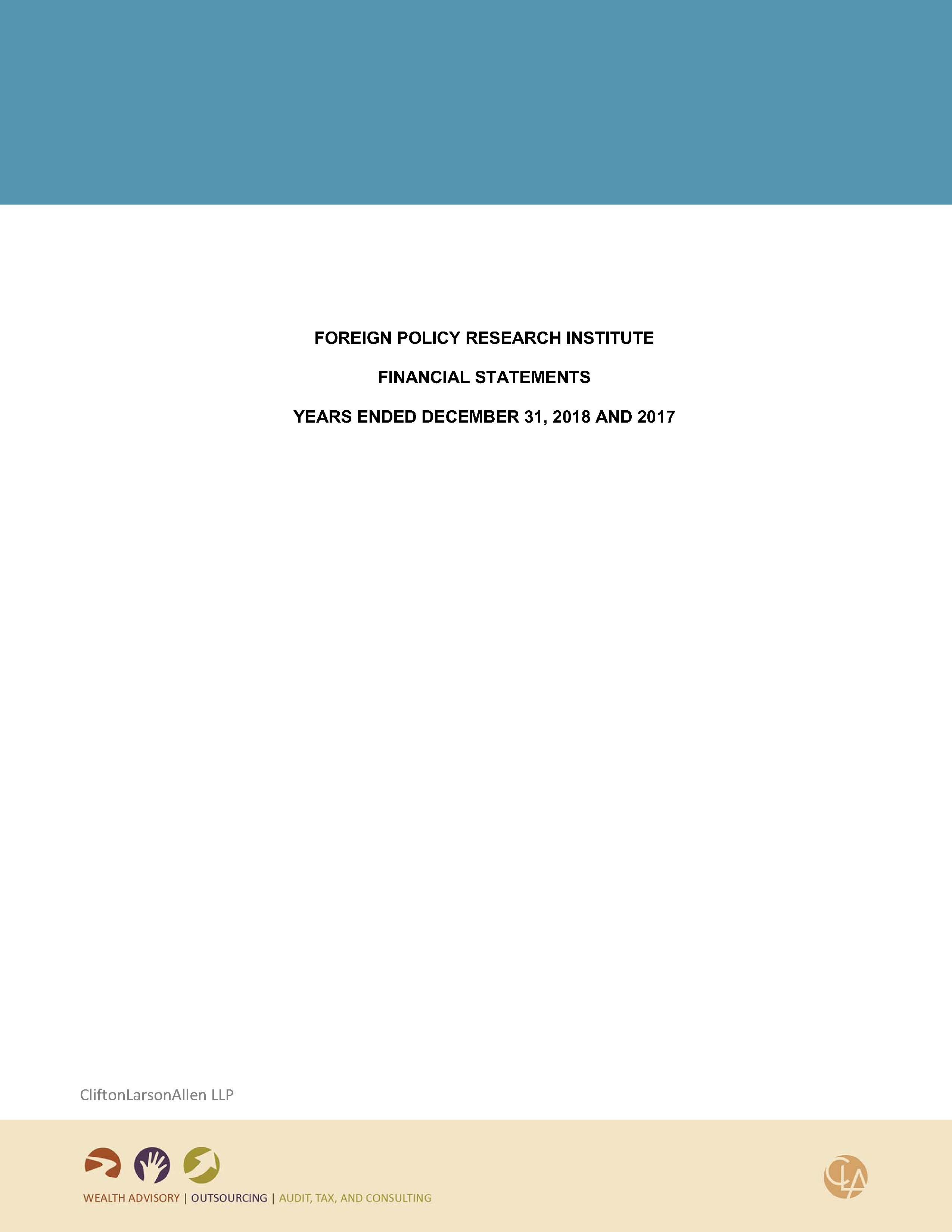 2018 Audited Financials Cover Page Foreign Policy Research Institute