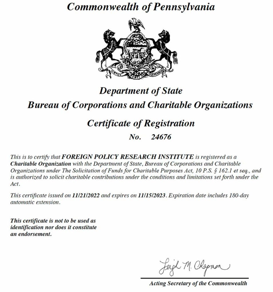PA Certificate Of Charitable Registration FPRI